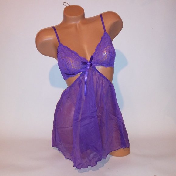 Victoria Secret Lingerie Babydoll Medium Cutout Purple Sheer Lace Wireless New - Picture 1 of 9